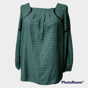 Green and Blue Plaid Boho Pesant Shirt with Pleats and Black Crochet details